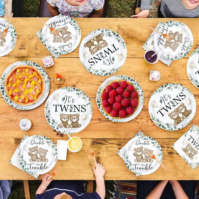 96 Pcs Twin Baby Shower Party Decorations Twin Bear Paper Plates and Napkins It's Twins Sage Green Disposable Tableware Set for Twins Baby Shower Boys Girls Birthday Party Supplies, Serves 24