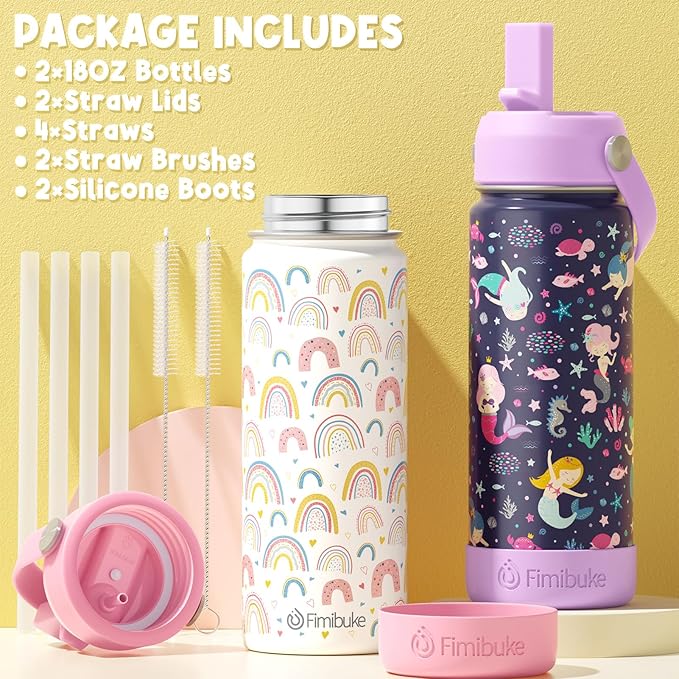 Fimibuke Kids Insulated Water Bottle, 18oz BPA FREE Kids Cups with Straw Double Wall Vacuum Tumbler 18/8 Stainless Steel Leak Proof Toddler Water Bottle for School Boys Girls (2 Pack, Game+Space)