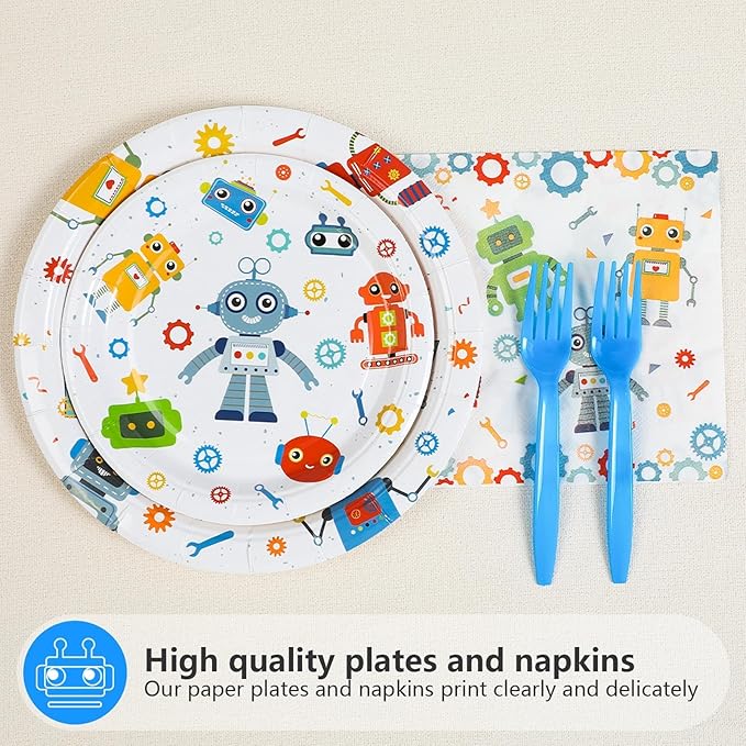 Grencian 96Pcs Robot Birthday Party Supplies Robot Themed Plates and Napkins Disposable Tableware Set for Boys Kids Birthday Party Baby Shower Decorations Serves 24