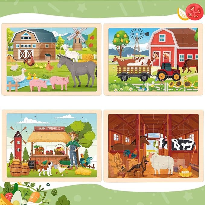 4-in-1 Farm Wooden Puzzles for Kids Ages 4-6, 24 PCS Wooden Jigsaw Puzzles for Toddlers Ages 3-5, Preschool Educational Puzzles Boards Toys Gifts for 3 4 5 6 Boys Girls