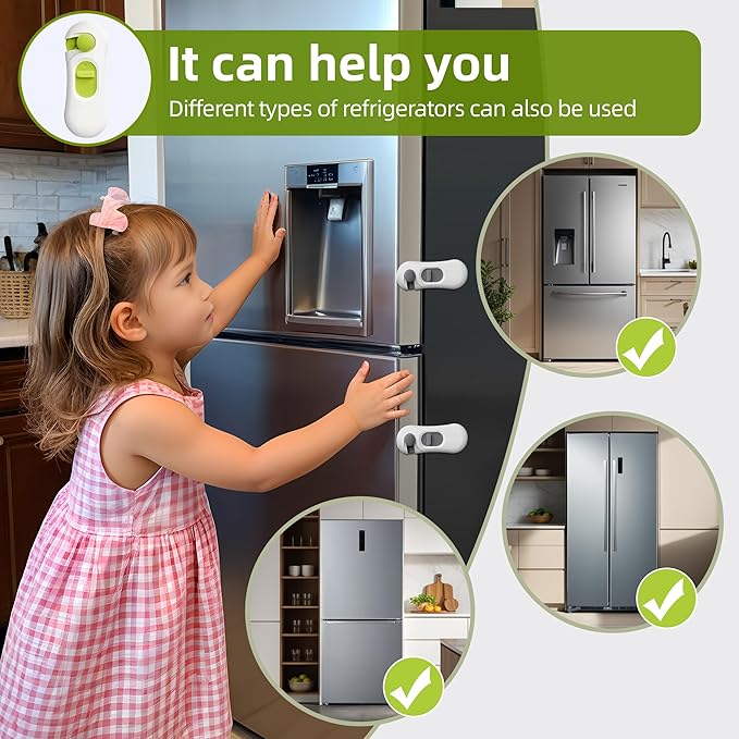 5-Pack Child Proof Refrigerator Lock with 3M Adhesive, Baby Child Safety Cabinet Locks, Kids Safety Fridge Locks for Oven Drawers Freezer Door Latches- Green