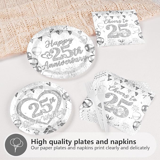 Grencian 96Pcs 25th Wedding Anniversary Decorations Cheer to 25 Years Party Plates and Napkins Silver Glitter Tableware for Couple Husband Wife Silver Wedding Anniversary Decorations Serves 24