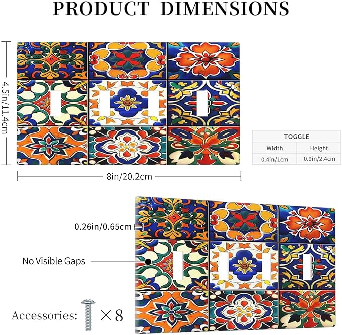 Light Switch Covers Colorful Mexican Talavera Vintage Boho Floral Quad Toggle Electrical Faceplate 4 Gang Wall Plate Decorative Switch Plates For Farmhouse Cabin Decor