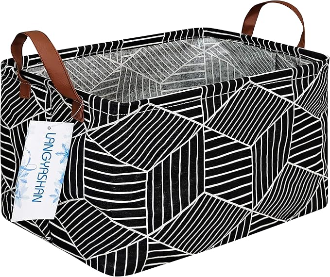 LANGYASHAN Rectangular Storage Bin Collapse Canvas Fabric Cartoon Storage Basket with Handles for Organizing Home Kitchen Boys and Girls Toys Office Closet Shelf Baskets (Black Diamond)