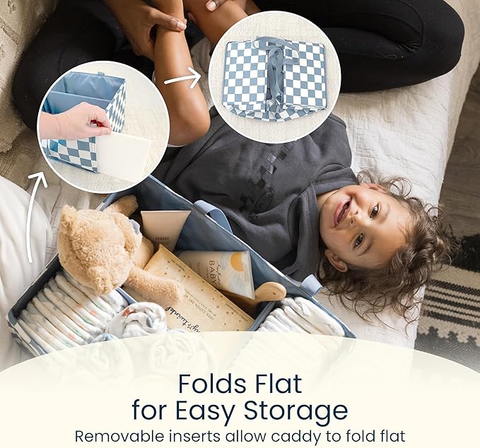 Tiny Twinkle Diaper Caddy Organizer | Foldable Baby Storage Basket with Removable Divider | Waterproof & Mess-Proof Fabric, Portable Nursery Organizer for Newborn Essentials (Blue Checkers)