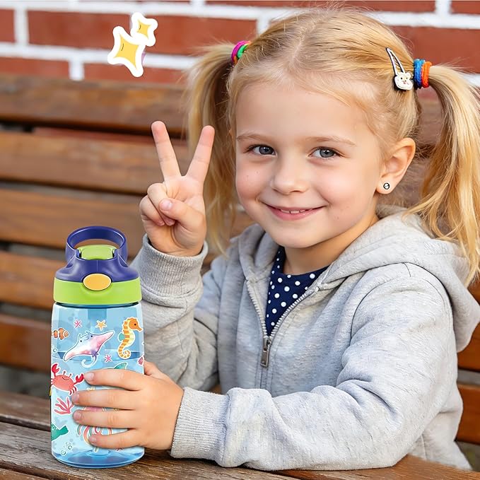 14oz Cute Marine life Kids Water Bottle with Straw Lid - Cartoon Water Bottles for Kids, Leakproof, Lightweight, Durable Plastic Bottles for School, Pop-Up Straw Cover, Gift Cup for Girls Boys(Sea)
