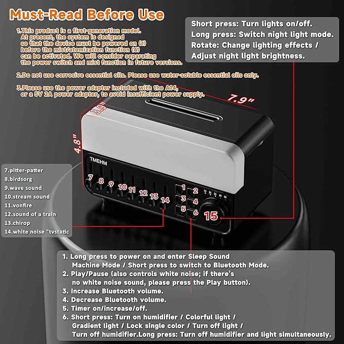 TMEHM 4-in-1 Sleep Sound Machine with White Noise & 8 Nature Sounds, Bluetooth Speaker, Night Light & Aroma Diffuser with Timer for Baby, Kids and Adults (Black)