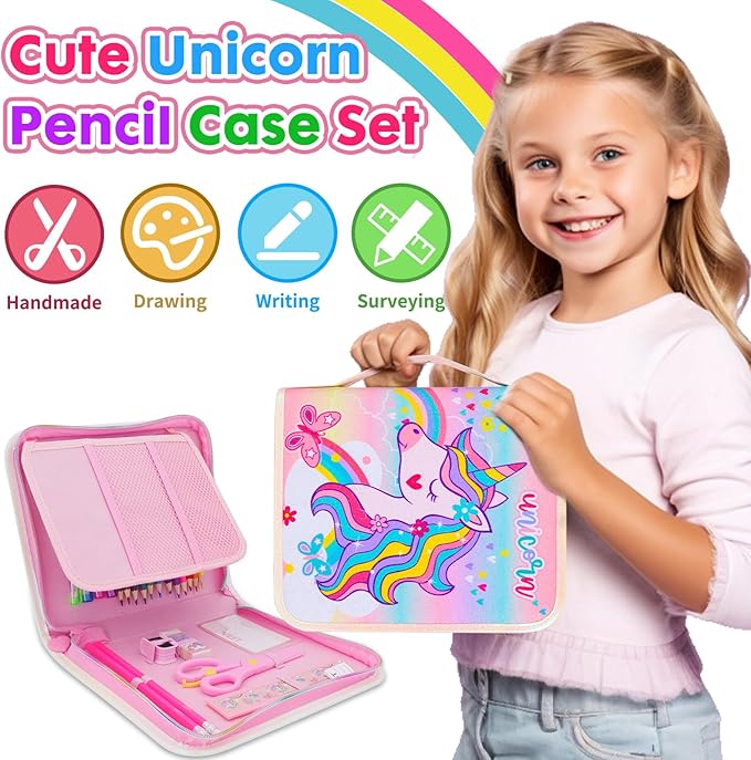 Washable Markers Set with Glitter Pencil Case, Art Supplies for Kids Ages 4-6-8, Arts Crafts Travel Coloring Kit for Girls 4 5 6 7 8 Year Old Birthday Gifts
