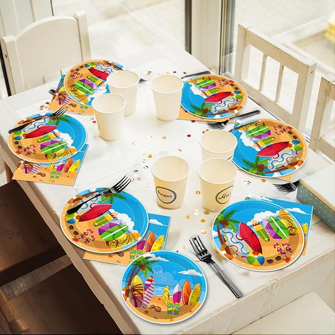 100 Pcs Summer Beach Surfing Party Paper Plates Napkins Supplies for Pool Surfs up Surfboard Theme Birthday Party Decorations Luau Bbq Picnic favors Disposable Dinnerware Plate Serves 25