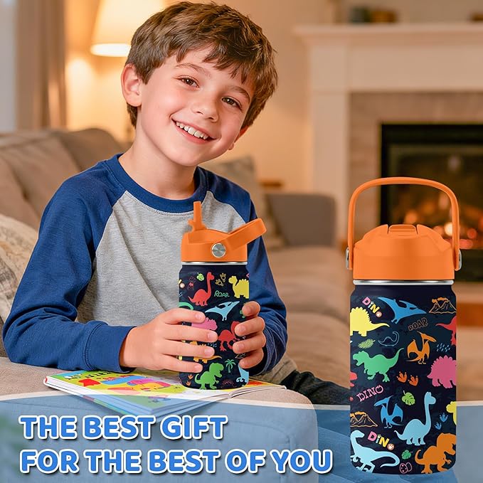 Dinosaur Gifts for Boys, 12oz Colorful Dino Water Bottle with Straw Lid, BPA-Free, Leakproof Stainless Steel Insulated Bottle for Boys & Girls, School, Travel - Dino Lovers Birthday Gift Cup (1pc)