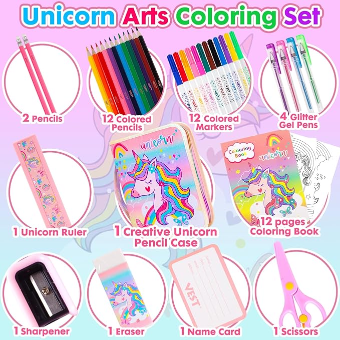 Washable Markers Set with Glitter Pencil Case, Art Supplies for Kids Ages 4-6-8, Arts Crafts Travel Coloring Kit for Girls 4 5 6 7 8 Year Old Birthday Gifts