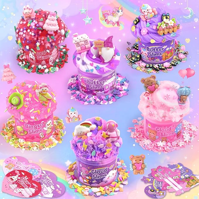 LAWOHO 6 Pack Pink Slimes, Clear Butter Cloud Slime Kit for Girls Ages 8-12, Non-Stick Kids Slime Party Favors Toys with Cute Add-Ins, Birthday Goodie Bag Stuffers Easter Valentines Day Gifts for Kids