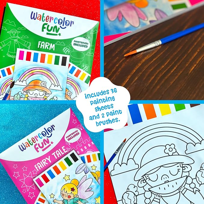 DINO MINI Watercolor Fun Value Pack - 2 Paint with Water Kits for Toddlers - Water Painting for Toddlers - Travel Activities for Kids Ages 4-8 - Screen Free Birthday Gifts (Farm - Fairy Tale)