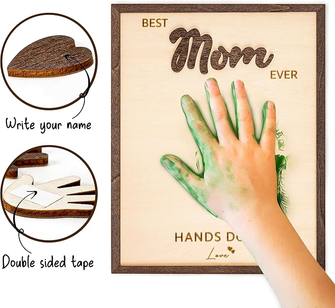 Personalized Best Mom Ever Gifts - Wooden Keepsake Sign with Kids Handprint Art, Custom Ink Name, DIY Craft Kit for Mother's Day, Handmade Family Decor, Unique Birthday Gift Idea for Mom