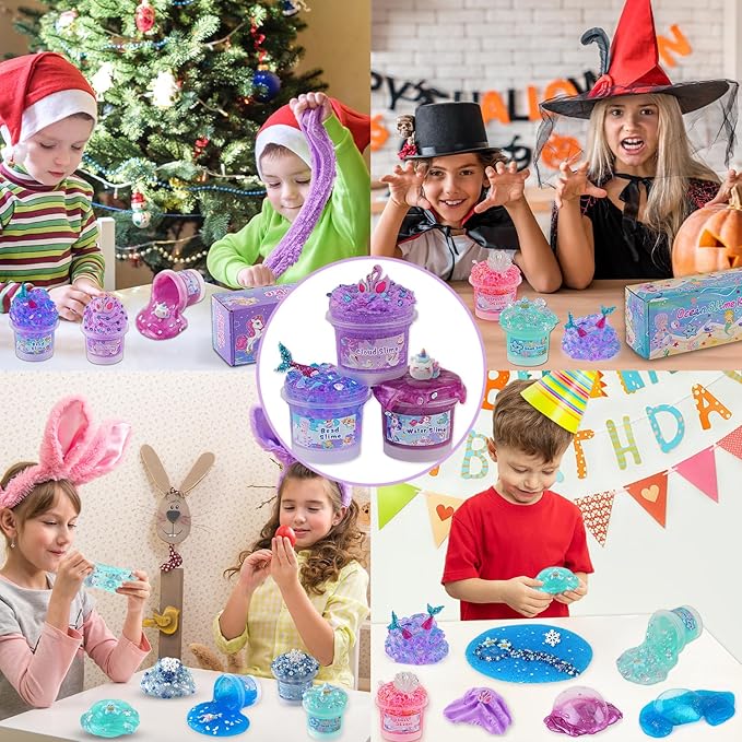 3 x 100mL Purple Slime Kit for Girls & Boys: Includes Cloud, Water & Mermaid Crunchy Slime, Sensory Experience DIY Slimes Set, Slimes Party Favors for Kids Birthday Easter Halloween Teens Gift