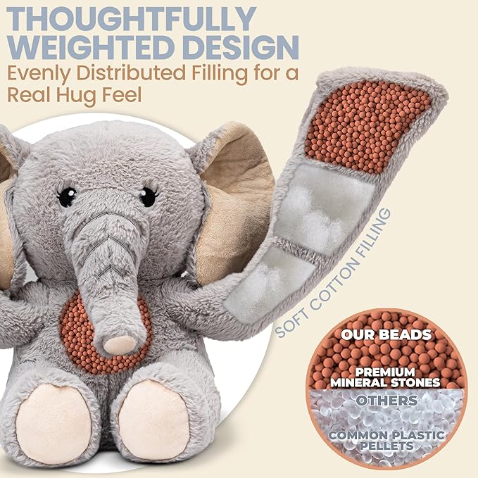 Huggle Healers Weighted Stuffed Animals for Adults, Teens and Kids - 36 Inch Long Plush Arms for Hugs - 4.5lb Elephant Stuffed Animal Plushies - Hathi Elephant