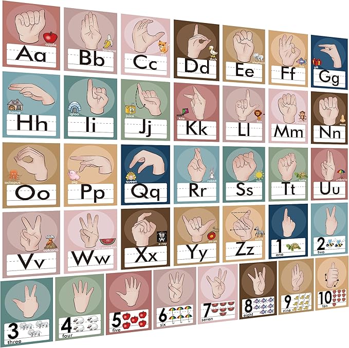 YIYDONG 36 Pieces ASL Alphabet Line Bulletin Board Set ABC Number Sign Language Flash Cards Wall Decorations for Pre-School Kindergarten Elementary Classroom Nursery Homeschool (Boho)