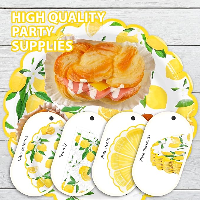 168 Pcs Lemon Party Decorations Yellow Lemons Scalloped Plates Napkins Cups Forks Knives Spoons Summer Lemon Fruit Theme Tableware Set for Spring Birthday Bridal Baby Shower Party Supplies Serves 24
