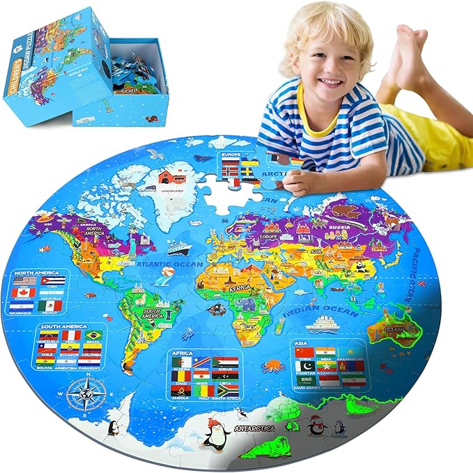 Glow in The Dark World Map Puzzles for Kids 4-6, 70 Pieces Large Globe Floor Puzzles for Kids Ages 6-8 Continents Geography Puzzle Educational Learning Toys for Children, Easter Gifts for Kids