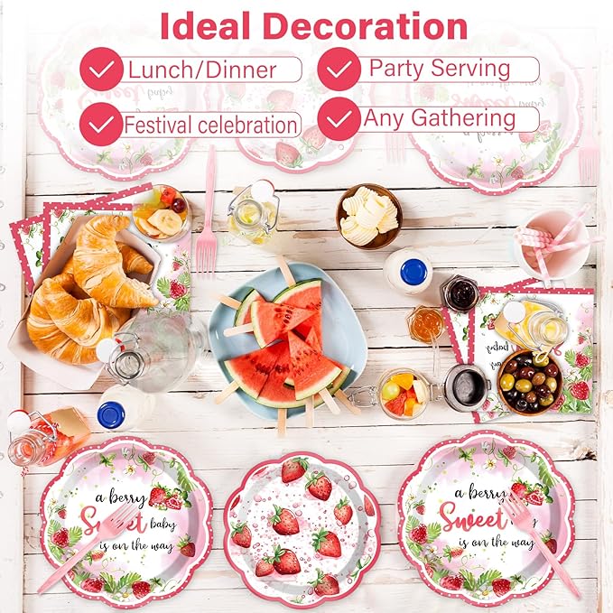 Qyeahkj 100 Pcs Strawberry Baby Shower Party Plates Napkins Forks Supplies Set Sweet Berry Tableware Party Supplies A Berry Sweet Baby Is On The Way Strawberry Dinnerware Decorations Favors Serve 25