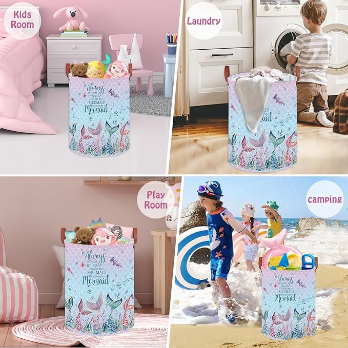 Mermaid Room Decor Kids Laundry Basket,Pink Ocean Baby Girls Laundry Hamper, Under The Sea Kids Clothes Hamper Storage Box, Cute Beach Towel Pool Toy Bin (Mermaid)