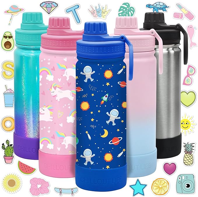 CHILLOUT LIFE 17 oz Kids Insulated Water Bottle for School with Leakproof Spout Lid and Cute Waterproof Stickers, Personalized Stainless Steel Thermos Flask Metal Water Bottle, Blue Space