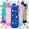 CHILLOUT LIFE 17 oz Kids Insulated Water Bottle for School with Leakproof Spout Lid and Cute Waterproof Stickers, Personalized Stainless Steel Thermos Flask Metal Water Bottle, Blue Space