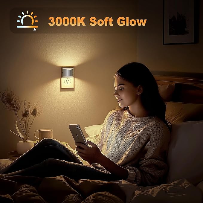 JandCase LED Night Lights Plug into Wall, 2 Pack Modern Night Lights, Dusk to Dawn Sensor Nightlight, 0-100LM Brightness Adjustable, 3000K Soft White(Silver)