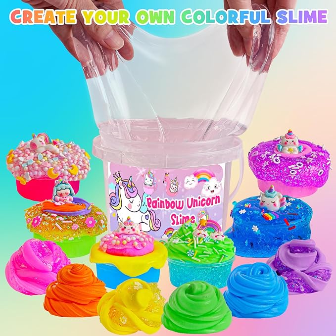 Crystal Clear Slime Kit with 36 Add-ins & 17 FL OZ Premade Base - DIY Rainbow Slime Making Kit in Bucket for Kids, Gift for Girls and Boys Ages 8-12, Party Favors for Birthday, Easter, Halloween