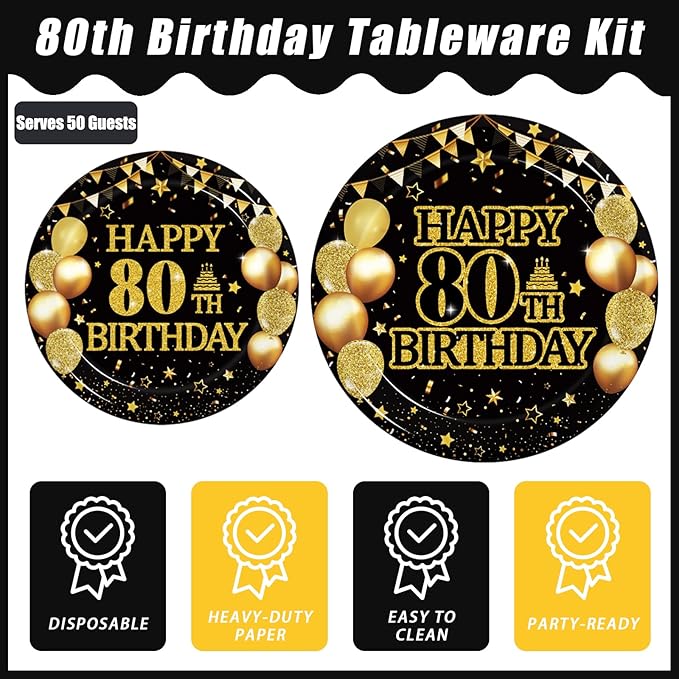 Kepeel 200Pcs 80th Birthday Party Tableware Set, Back in 1946 Birthday Party Decorations Supplies for Men Women Cheers to 80 Years Disposable Paper Plates Napkins Forks Favors, Serve 50
