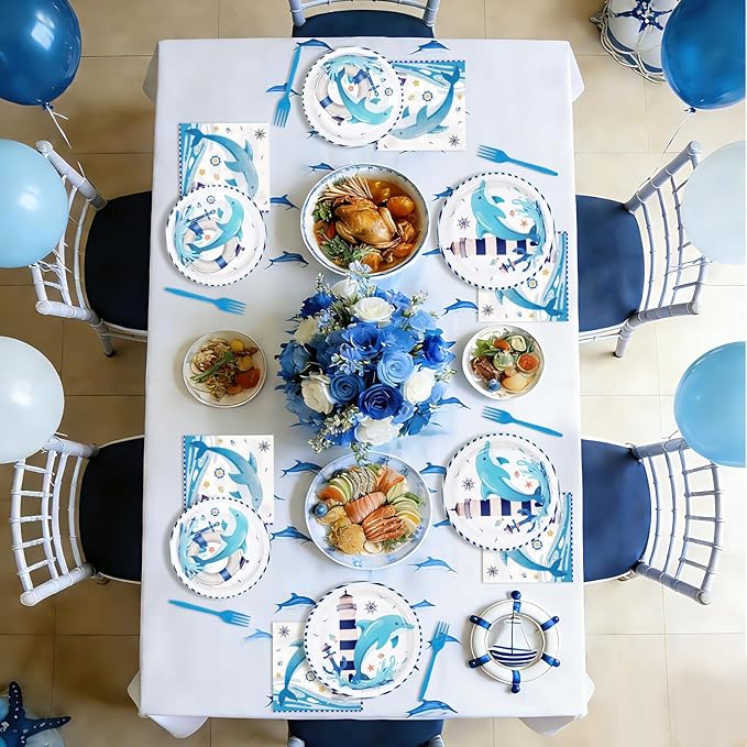 96Pcs Dolphin Party Supplies Funny Ocean Dolphin Nautical Plates and Napkins Disposable Cute Under the Sea Animal Tableware Set for Kids Nautical Baby Shower Birthday Party Decorations Serves 24
