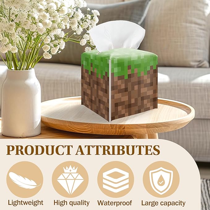 Pixel Grass Block Square Leather Tissue Box Cover – Pixel Theme Party Tissue Box Cover Holder Square, Pixelated Decor for Bathroom Nightstand Kitchen, Birthday Party Gift for Kids & Their Friends