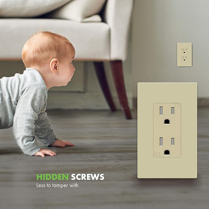 ENERLITES Screwless Decorator Wall Plate Child Safe Outlet Cover, Size 1-Gang 4.68" H x 2.93" L, Unbreakable Polycarbonate Thermoplastic, SI8831-I, Glossy, Ivory
