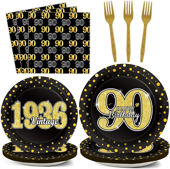 96PCS 90th Theme Birthday Party Tableware Vintage 1936 Party Supplies 90 Year Old Birthday Decorations Plates Napkins Forks Black and Gold Dinnerware Favors for Men or Women
