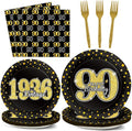 96PCS 90th Theme Birthday Party Tableware Vintage 1936 Party Supplies 90 Year Old Birthday Decorations Plates Napkins Forks Black and Gold Dinnerware Favors for Men or Women