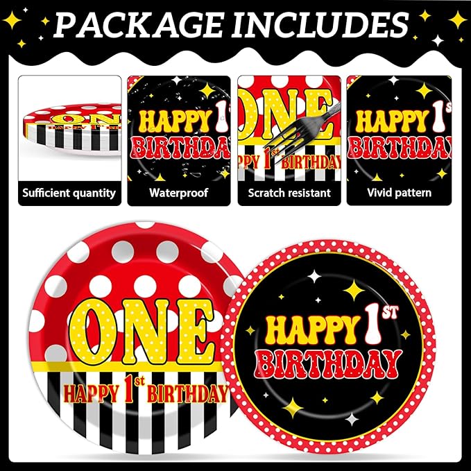 96 Pcs Mouse 1st Birthday Party Plates and Napkins Set Cartoon Mouse Party Decorations Red Black Yellow Paper Dessert Plates Polka Dot Tableware Set for Boys Girls 24 Guests