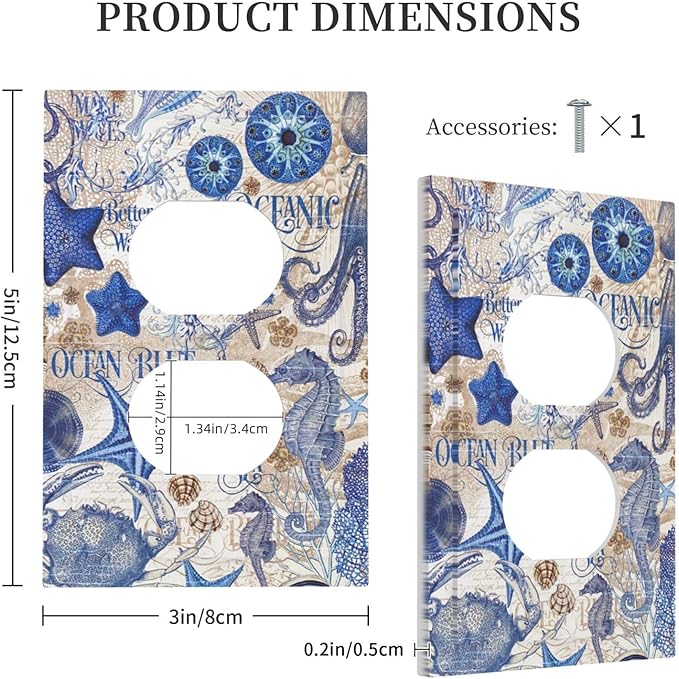 Outlet Covers Vintage Sea Blue Seahorse Starfish Octopus 1 Gang Duplex Light Switch Cover Decorative Switch Plates Electrical Receptacle Faceplate Wall Plate For Kids Room Home Decor