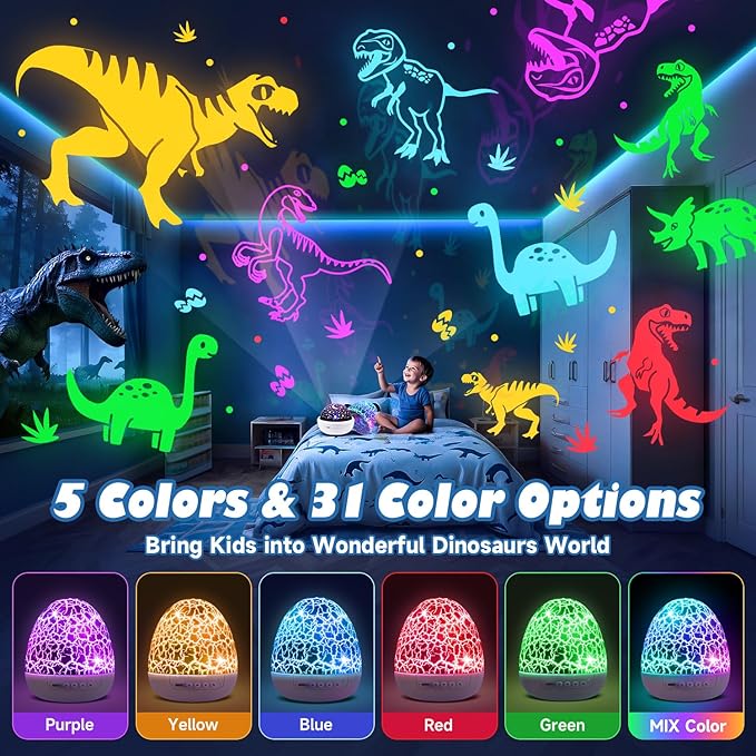 PIKOY Dinosaur Toys for Kids 3-5 Easter Gifts for Kids Toys Night Light Projector Dinosaur Eggs Easter Eggs Night Light for Kids | 15 Sounds & 3D Films | 31Colors & Remote Control | Easter Toys