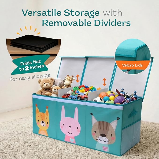 SoftOwl Extra Large Toy Storage Organizer with Lid - Sturdy, Collapsible Toy Chest Storage Box with Cute Design - Toys Bin with Dividers for Kids, Boys, Girls, Nursery, Bedroom, Play room 37"x16"x14"