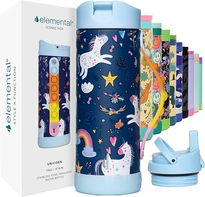 Elemental Iconic Kids Water Bottle for School - 100% Leak-Proof Insulated Water Bottles with Straw Lid & Pop-It Handle for Boys & Girls - Triple-Wall Insulated & BPA-Free, 14oz – Unicorn