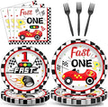 Fast One Birthday Decorations for Boys Racing Car 1st Birthday Party Supplies Fast One Plates Napkins Forks Checked Race Car Disposable Paper Plates Tableware Set for Kids Favors Serve 25
