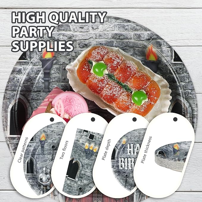 Grencian 96Pcs Medieval Castle Party Supplies Castle Birthday Plates and Napkins Disposable Medieval Knight Tableware Set for Kids Birthday Baby Shower Halloween Decorations Serves 24