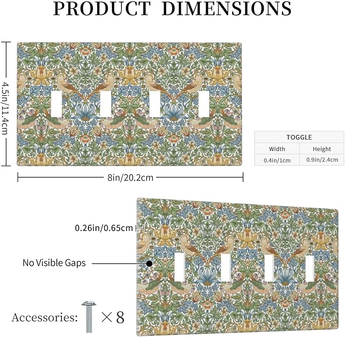 William Morris Strawberry Thrush Birds Quad Toggle Light Switch Cover Vintage Floral Flowers Plant 4 Gang Wall Plate Decorative Electrical Switchplates Covers for Country Bedroom Home Décor