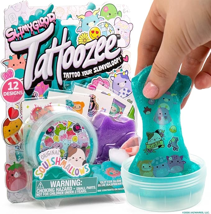 SLIMYGLOOP Tattoozee, Squishmallows Tattoo Transfer Slime Kit, Sensory Play for Kids Ages 6+, Blue Raspberry Scented, Glitter Texture
