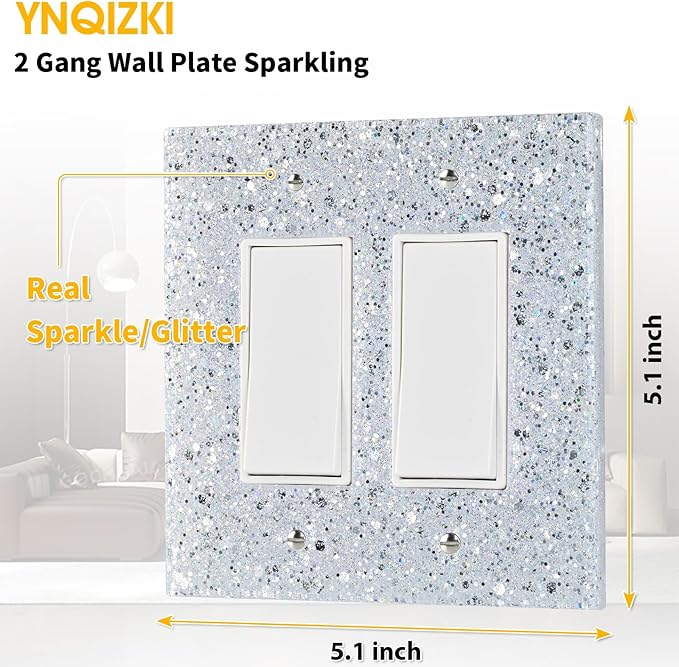 2-Gang Light Switch Cover Plate - Shiny Silver Mirror Finish,5.1"x5.1",Sparkling Design for Outlet or Double Rocker Switch