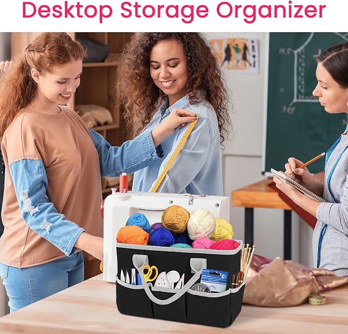 Godery Desktop Tote and Stock Organizer, Teacher Helper Tote Bag Organization for Arts, Books, Stationery, Office Desk Organizer, Make-up Storage Tote with Handles for Travel, Black-Gray
