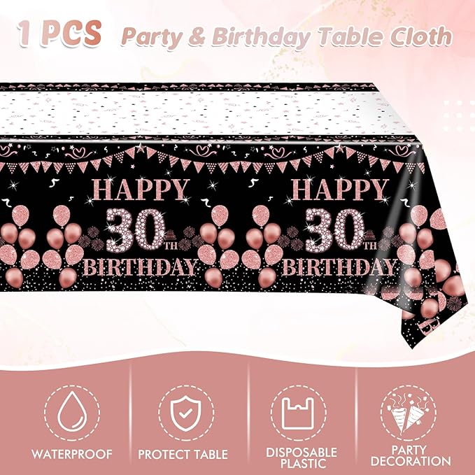 41pcs 30th Birthday Decorations for Her, 30th Birthday Decorations for Women, Rose Gold 30th Birthday Supplies for 20 Guest Happy 30th Birthday Party Tableware Includes Plates Napkins and Tablecloth