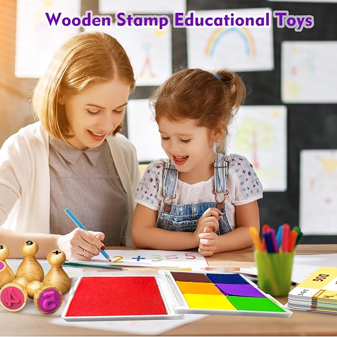 flycoost Wooden Alphabet Stamps & Number Letter Stamps for Kids - Montessori Learning Toys with Flashcards, ABC Spelling & Math Games for 3 4 5 Year Olds, Classroom Art Crafts Preschool Supplies