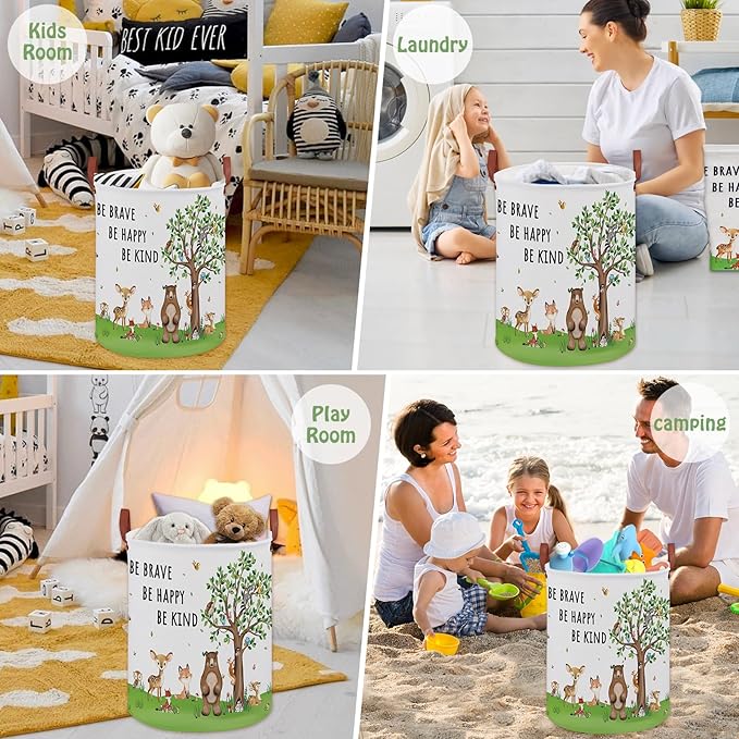 Woodland Baby Laundry Hamper,Bear Baby Boy Nursery Decor with Inspirational Quotes,Animal Toddler Laundry Hamper,Tree Storage Bin Fox Owl Towel Bin Clothes Book Toy Organizer Box(Green）