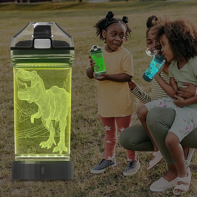 YuanDian Light Up Kids Water Bottle with 3D Dinosaur Tyrannosaurus Rex Design- 14 OZ Tritan BPA Free - Cool Drinking Cups Gift for School Kids Boy Girl Child Christmas Holiday